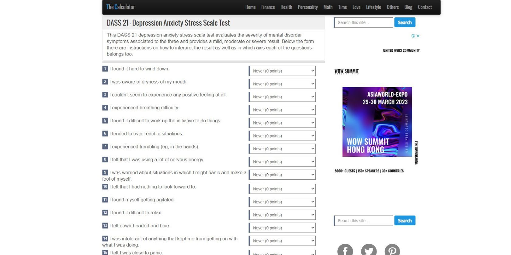 DASS 21 test on the Calculator Website