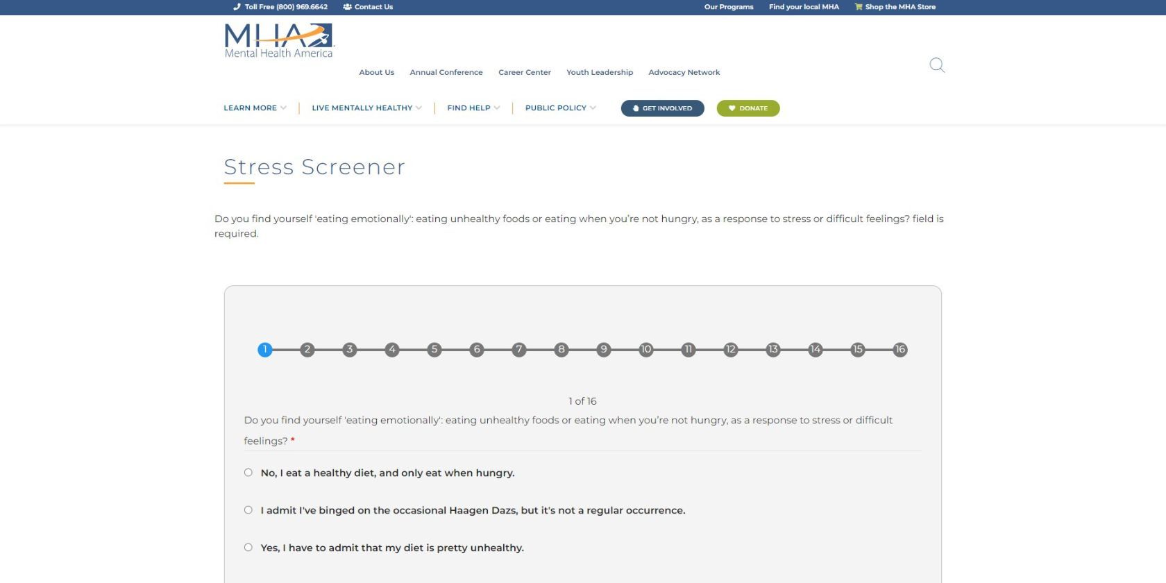 Stress Screener web page on Mental Health America